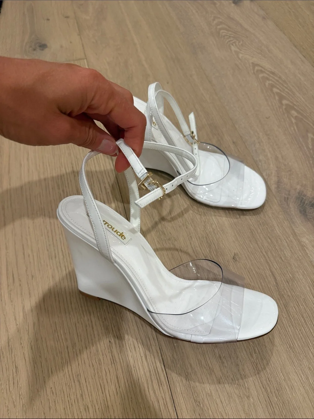 Larroude White PVS Yves pattern leather wedges